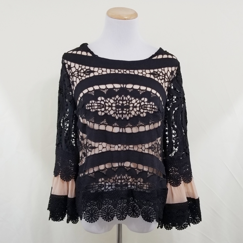 Venus Corset back lace top black bell sleeves statement women's size 10 - Picture 3 of 8